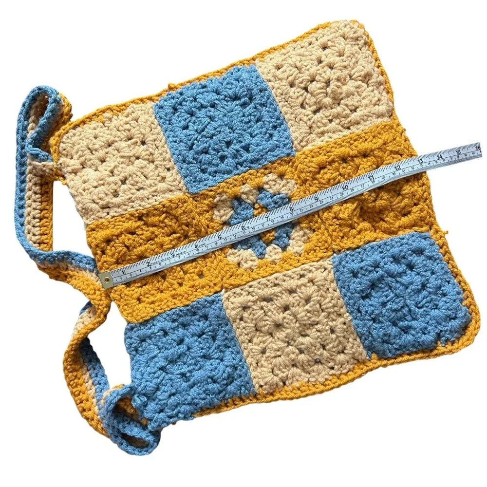 Handmade Crochet Granny SquareTote Bag Yellow Blue‎ Boho Granola Cottagecore